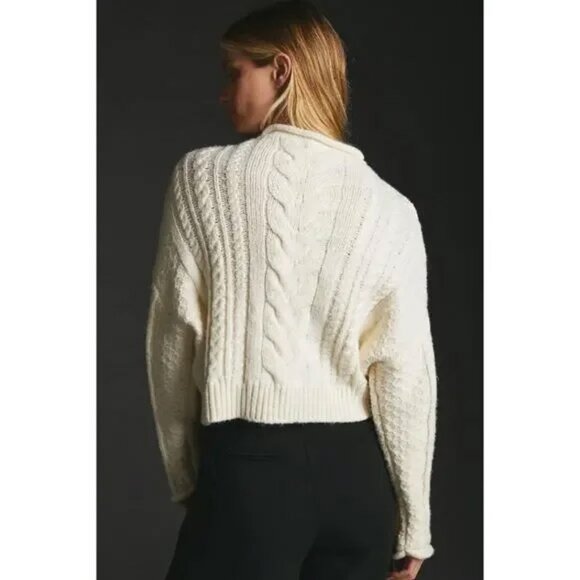 Anthropologie Pilcro Rolled Mock Neck Cable Knit Sweater Pullover, Ivory White S - Picture 4 of 16